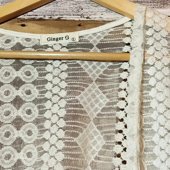Ginger G crochet embroidered lace sheer cream feminine fairy romantic kimono L - Picture 3 of 11